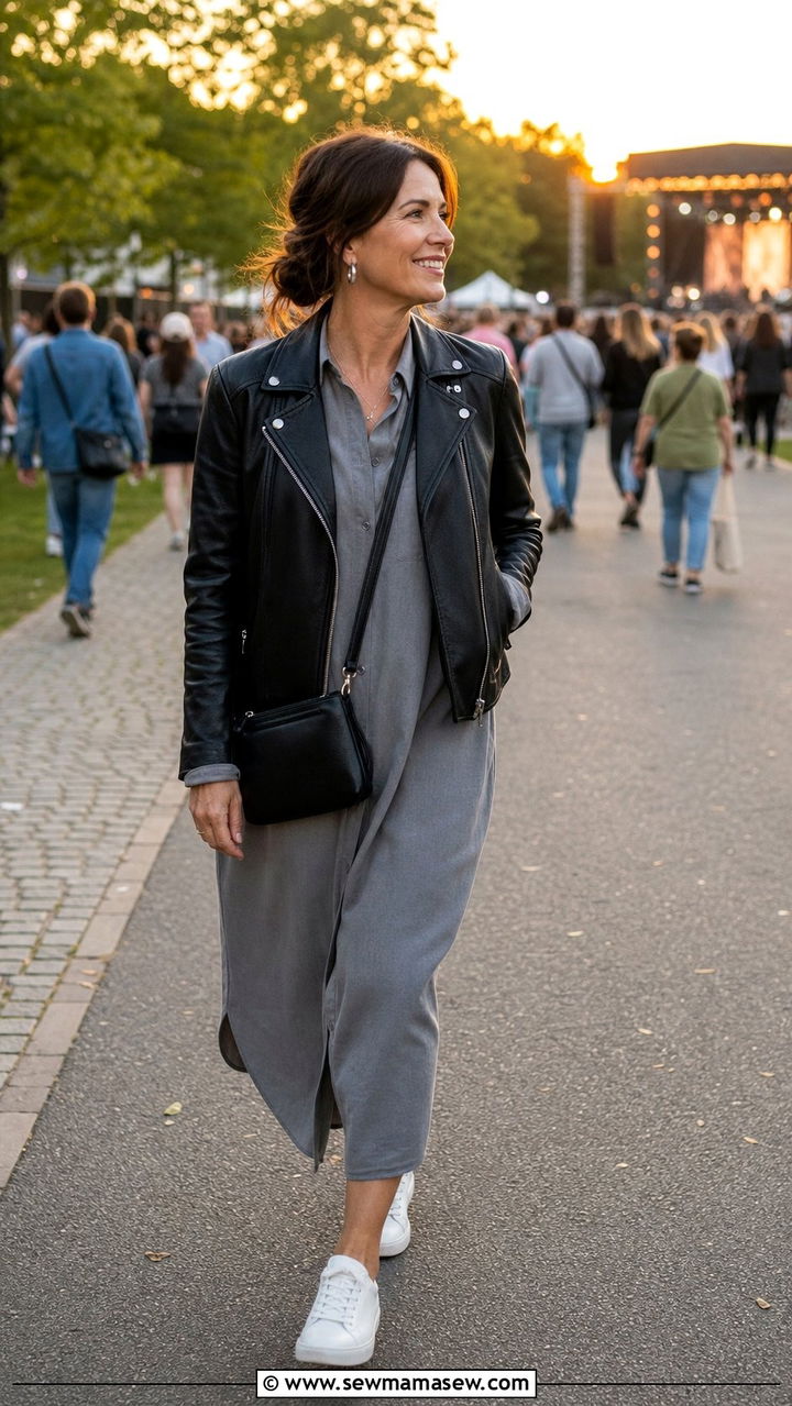 Shirt Dress With Leather Jacket And Sneakers - 25 shirt dress outfits for women over 40