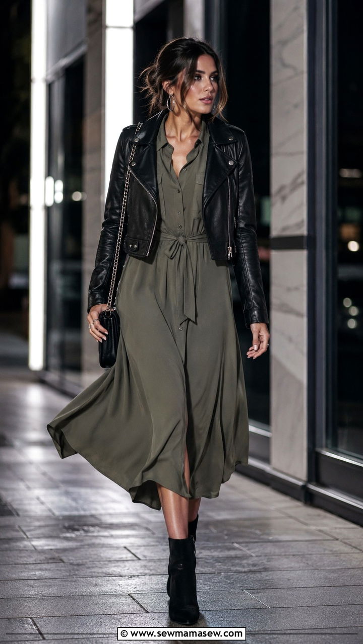 Shirt Dress With Leather Moto Jacket - 30 shirt dress outfit ideas for women