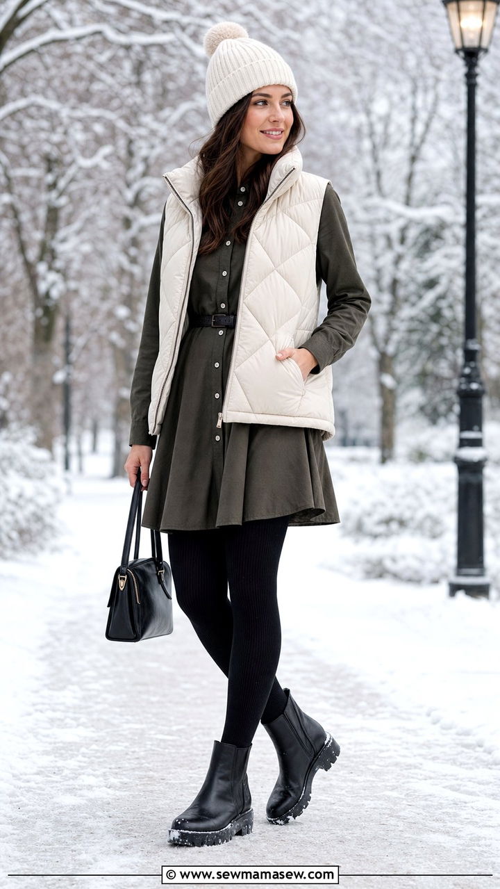 Shirt Dress With Puffer Vest And Tights - 25 Shirt dress outfit ideas with tights