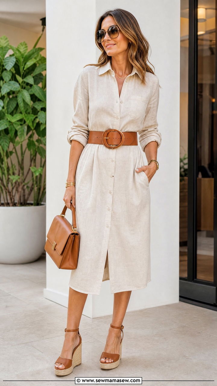 Shirt Dress With Statement Belt And Wedges - 30 summer shirt dress outfit ideas