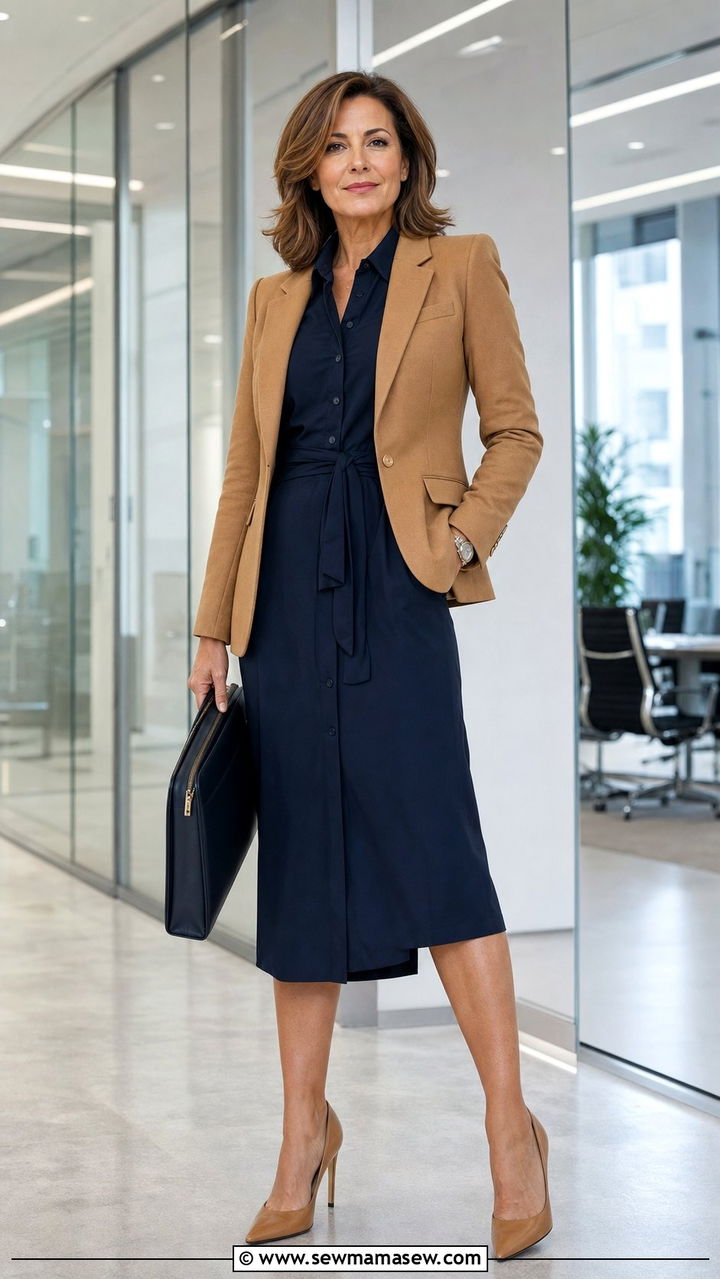 Shirt Dress With Structured Blazer And Heels - 25 shirt dress outfits for women over 40