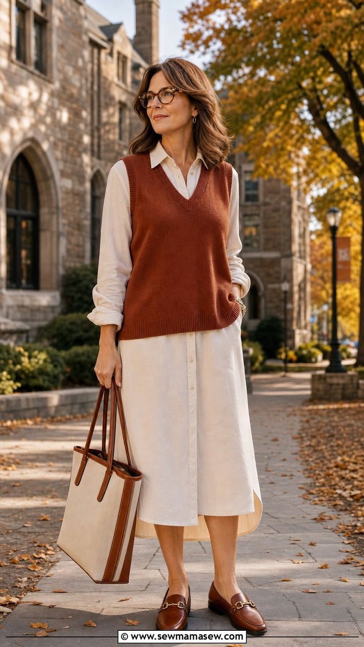 Shirt Dress With Sweater Vest And Loafers - 25 shirt dress outfits for women over 40