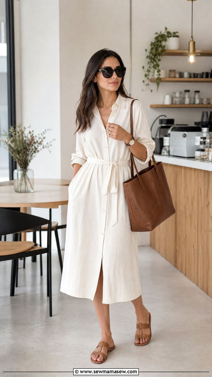 Shirt Dress With Tote Bag And Sunglasses - 30 summer shirt dress outfit ideas