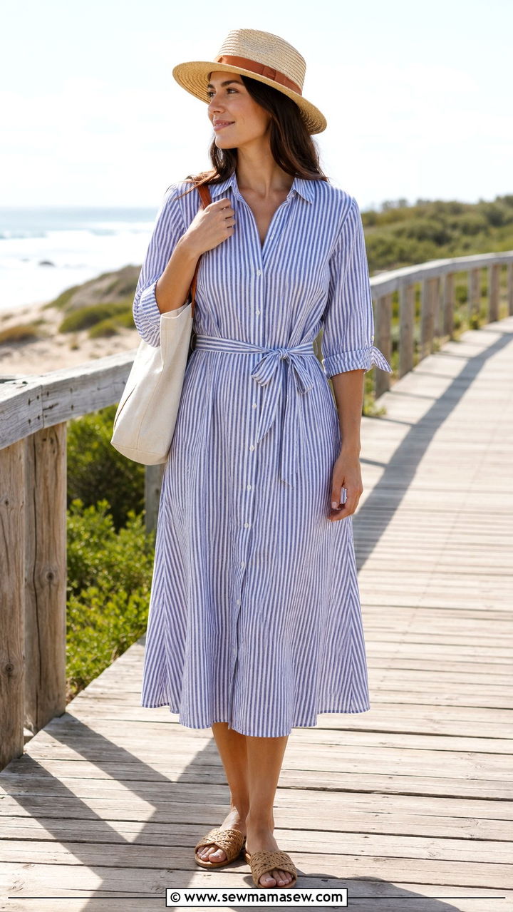Shirt Dress With Woven Sandals - 25 Modest outfit ideas for beach