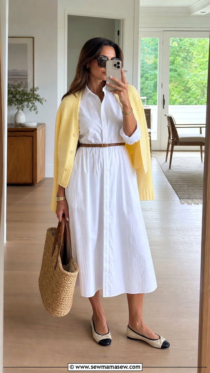 Shirt Dress and Cardigan with Ballet Flats Spring - 25 Spring outfits with ballet flats