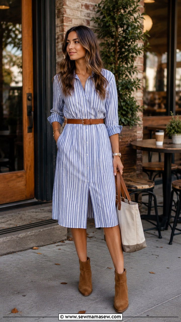 Shirt Dress with Belt and Suede Ankle Boots - 30 Transitional dress outfit ideas
