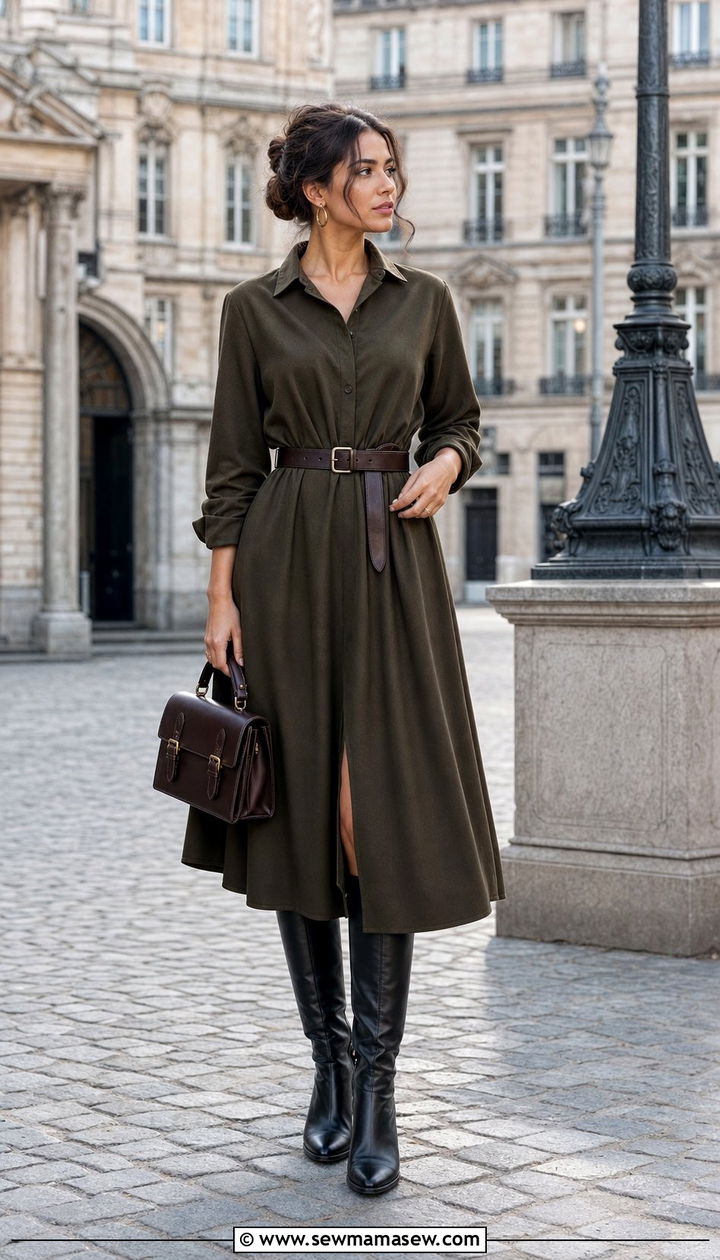 Shirt Dress with Knee High Boots and Waist Belt - 25 cute dark academia outfits