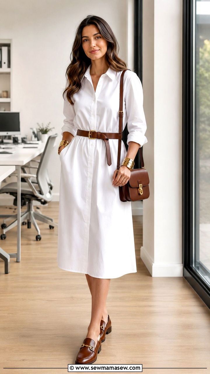 Shirt Dress with Leather Waist Belt - 30 spring outfits for office women