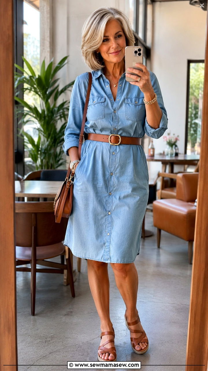 Shirt Dress with Statement Belt - 20 Brunch outfit ideas for women over 60
