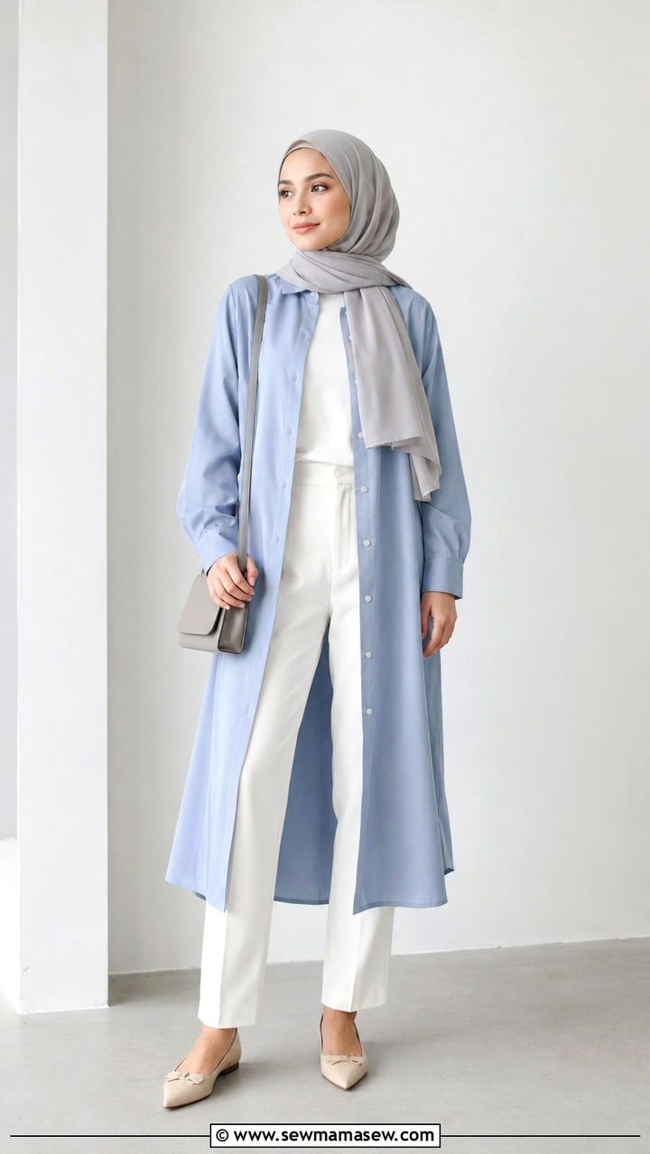 Shirt Dress with Straight Leg Trousers and Flats - 25 work outfits for hijab women