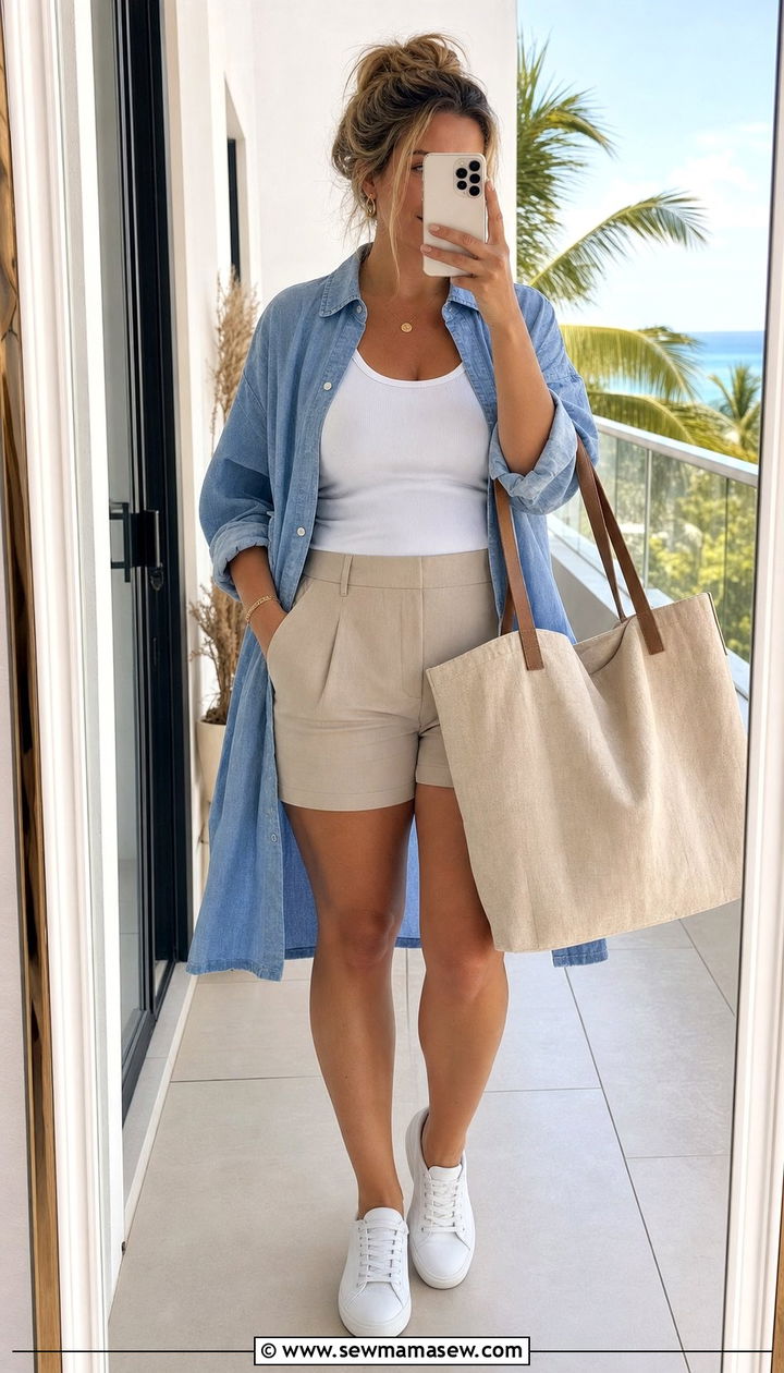 Shirt Dress with White Sneakers - 25 summer outfits for apple shaped body