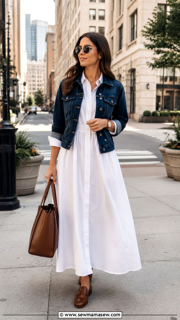 Shirt Maxi Dress With Denim Jacket And Loafers - 30 Maxi dress with a denim jacket outfit ideas