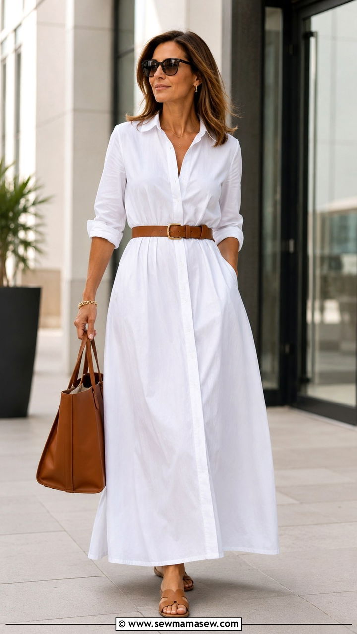 Shirt Maxi Dress With Leather Belt - 30 maxi dress outfits for women over 40