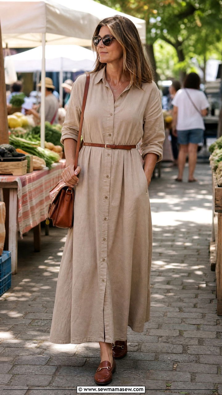 Shirt Maxi Dress With Loafers And Skinny Belt - 30 Maxi dress for women over 40 outfit ideas