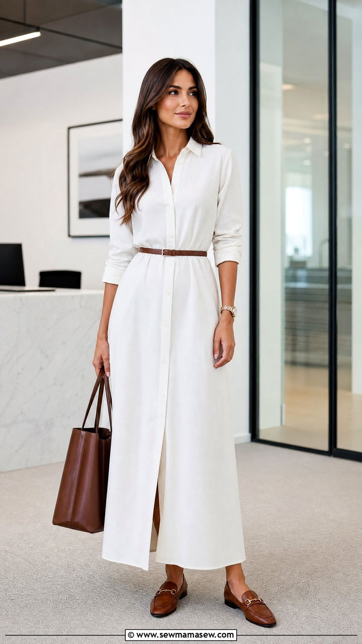Shirt Maxi Dress with Skinny Leather Belt and Loafers - 30 Maxi dress outfit ideas with a belt