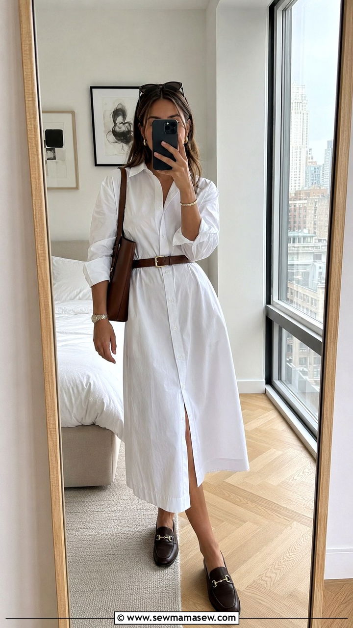 Shirt Midi Dress With Belt And Loafers - 30 Midi dress outfit ideas for summer