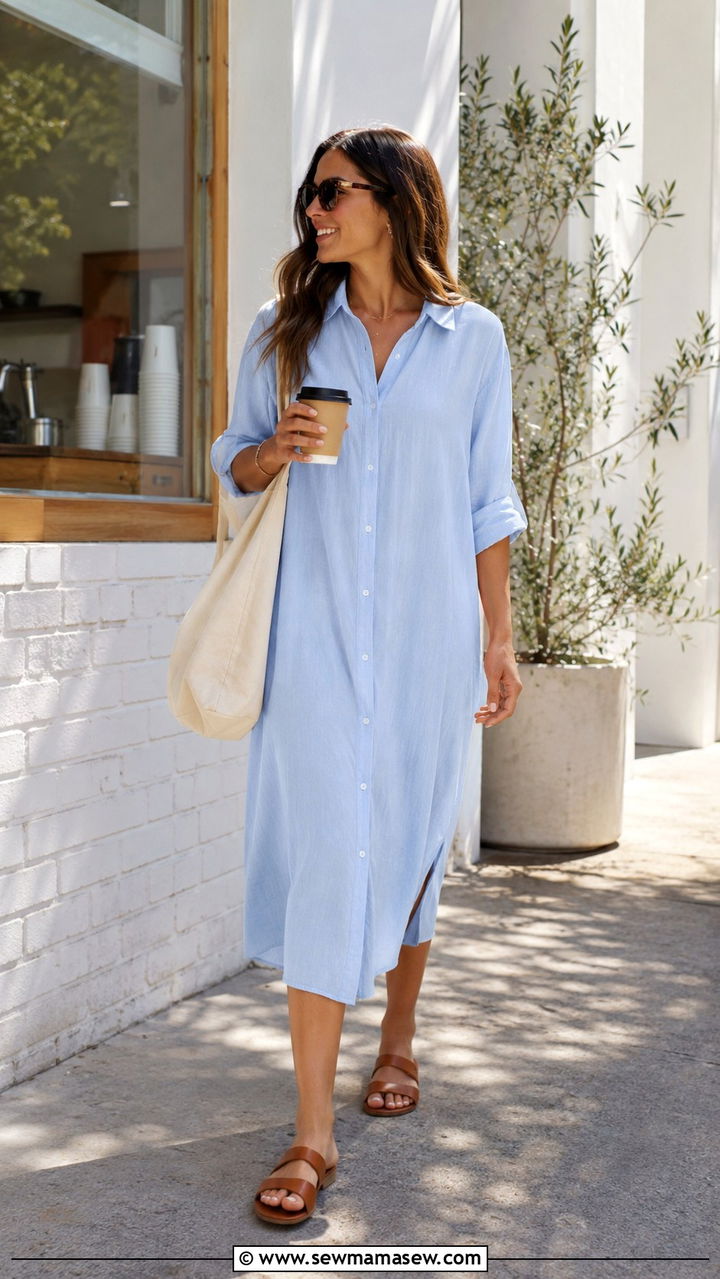Shirt Midi Dress With Double Strap Sandals - 30 Midi dress with sandals outfit ideas