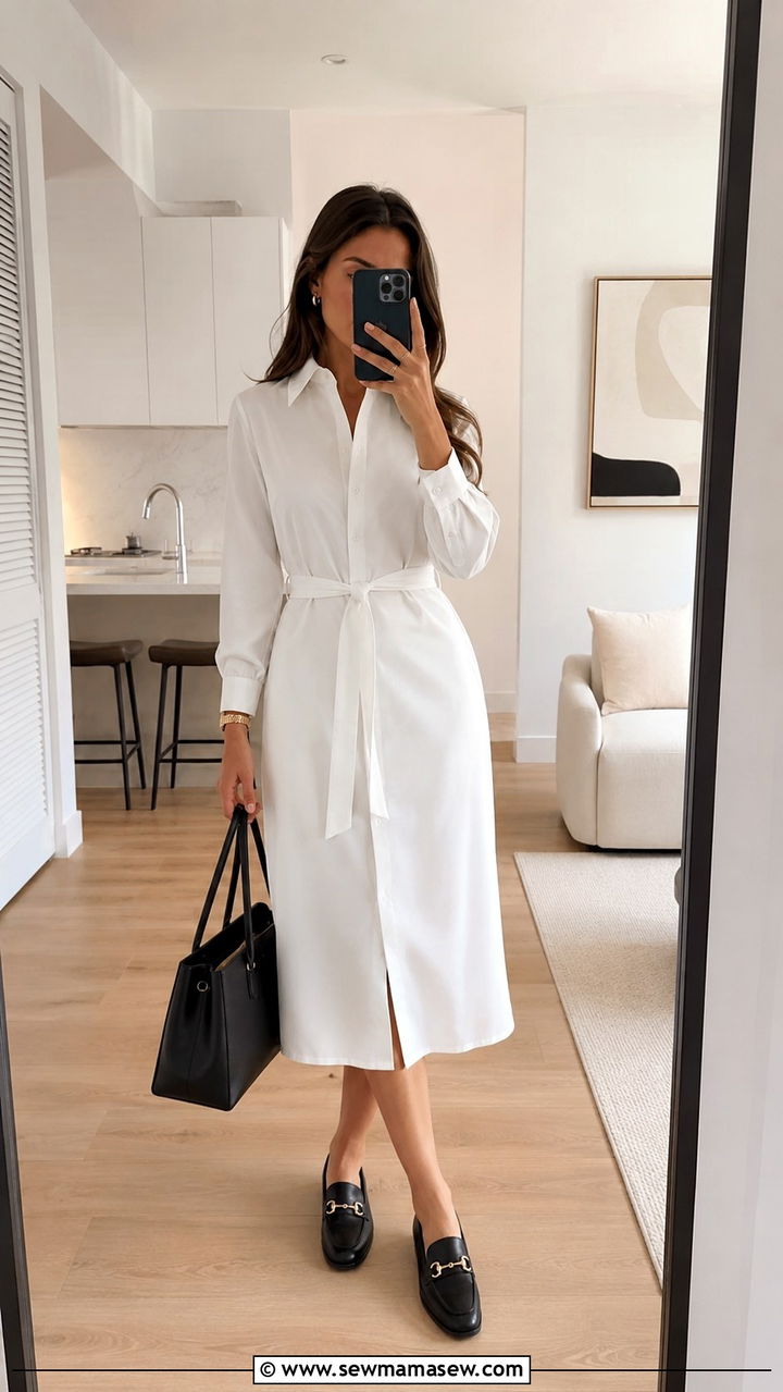 Shirt Midi Dress and Horsebit Loafers - 25 Midi dress with loafers outfit ideas