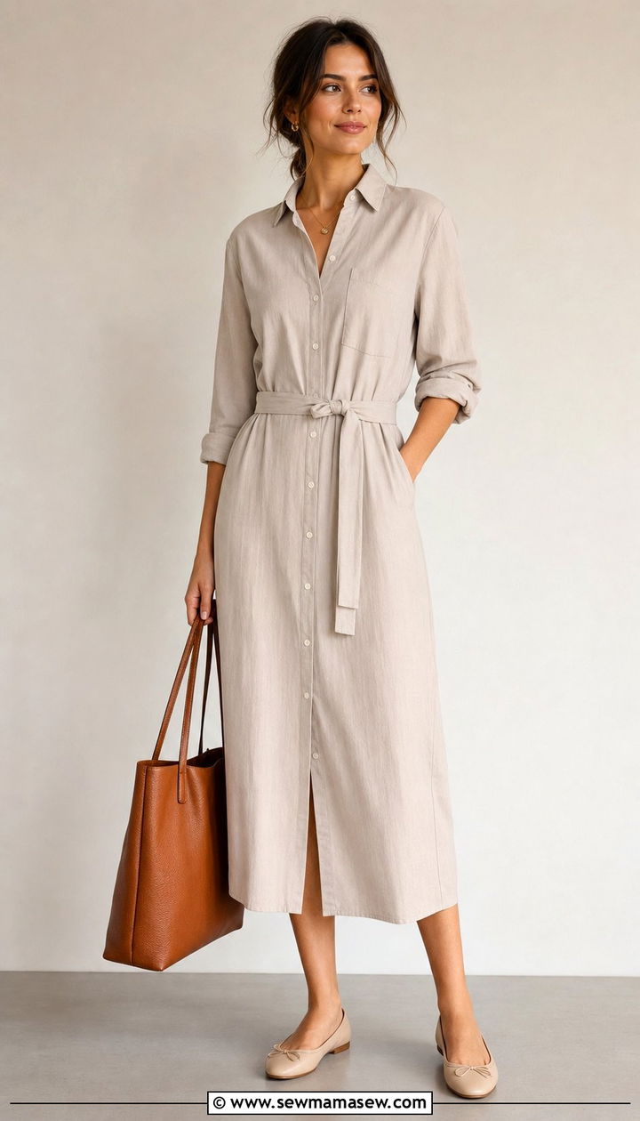 Shirt Midi Dress with Ballet Flats and Leather Tote - 35 casual midi dress outfits