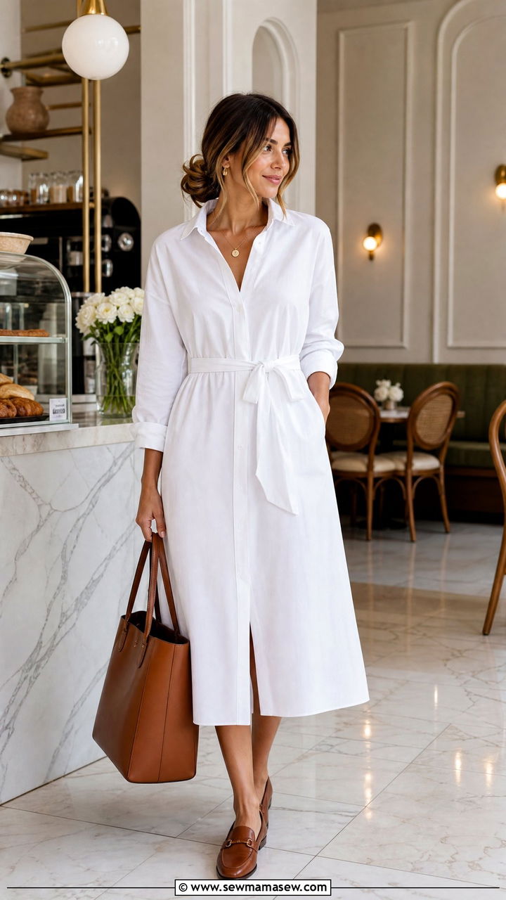 Shirt Midi Dress with Loafers - 25 Brunch outfit ideas with a midi dress