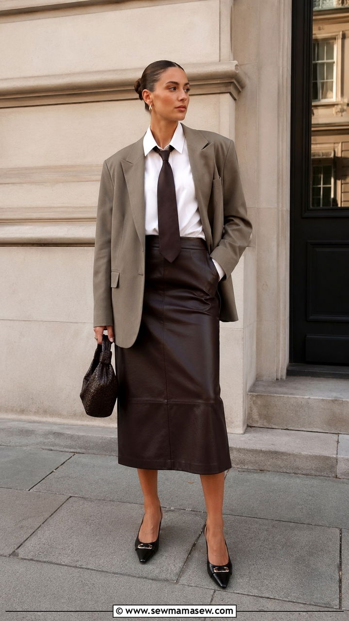 Shirt and tie with blazer and leather midi skirt - 30 spring scandinavian outfits