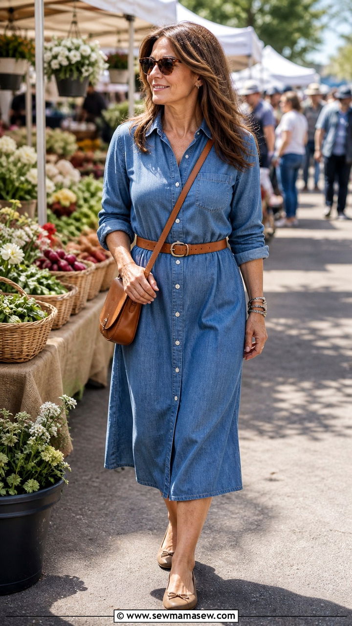 Shirt dress and comfortable flats - 40 spring outfit ideas for women over 40