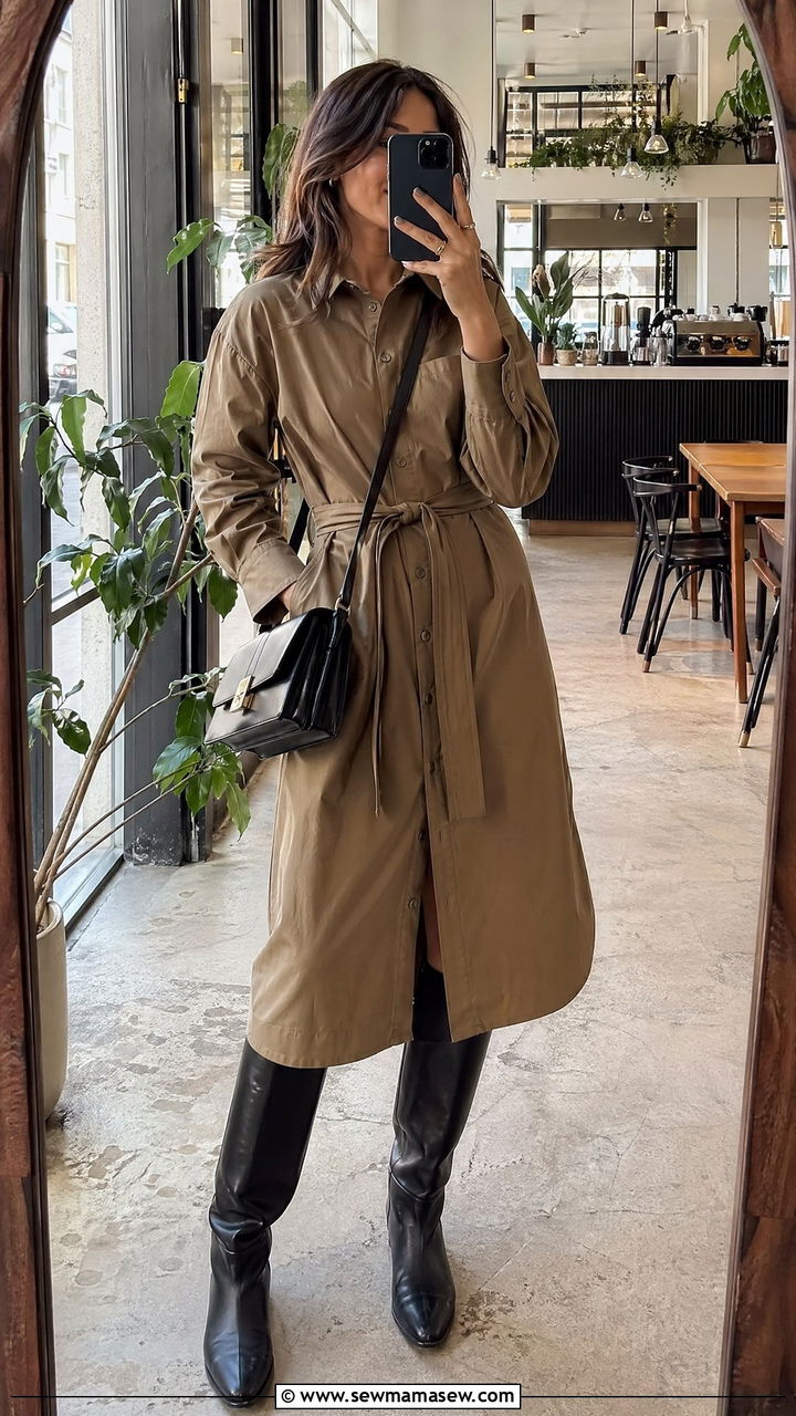 Shirt dress and flat knee high boots outfit - 35 Conference outfit ideas for women