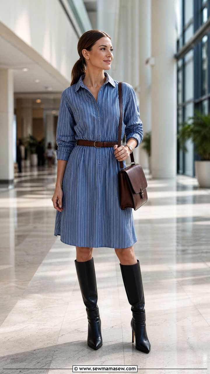 Shirt dress and leather belt with knee high boots - 35 Marketing conference outfit ideas