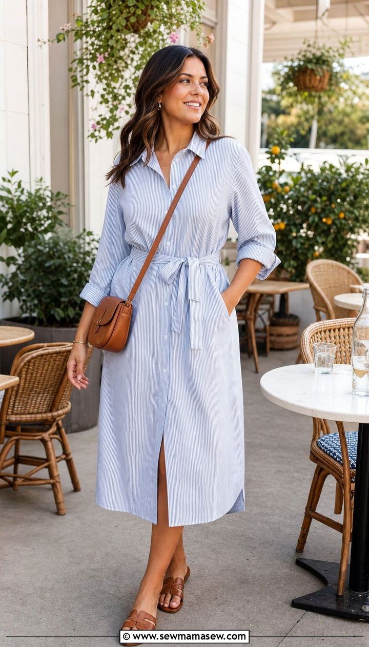 Shirt dress brunch outfit with waist belt - 35 Brunch outfits for pear shape