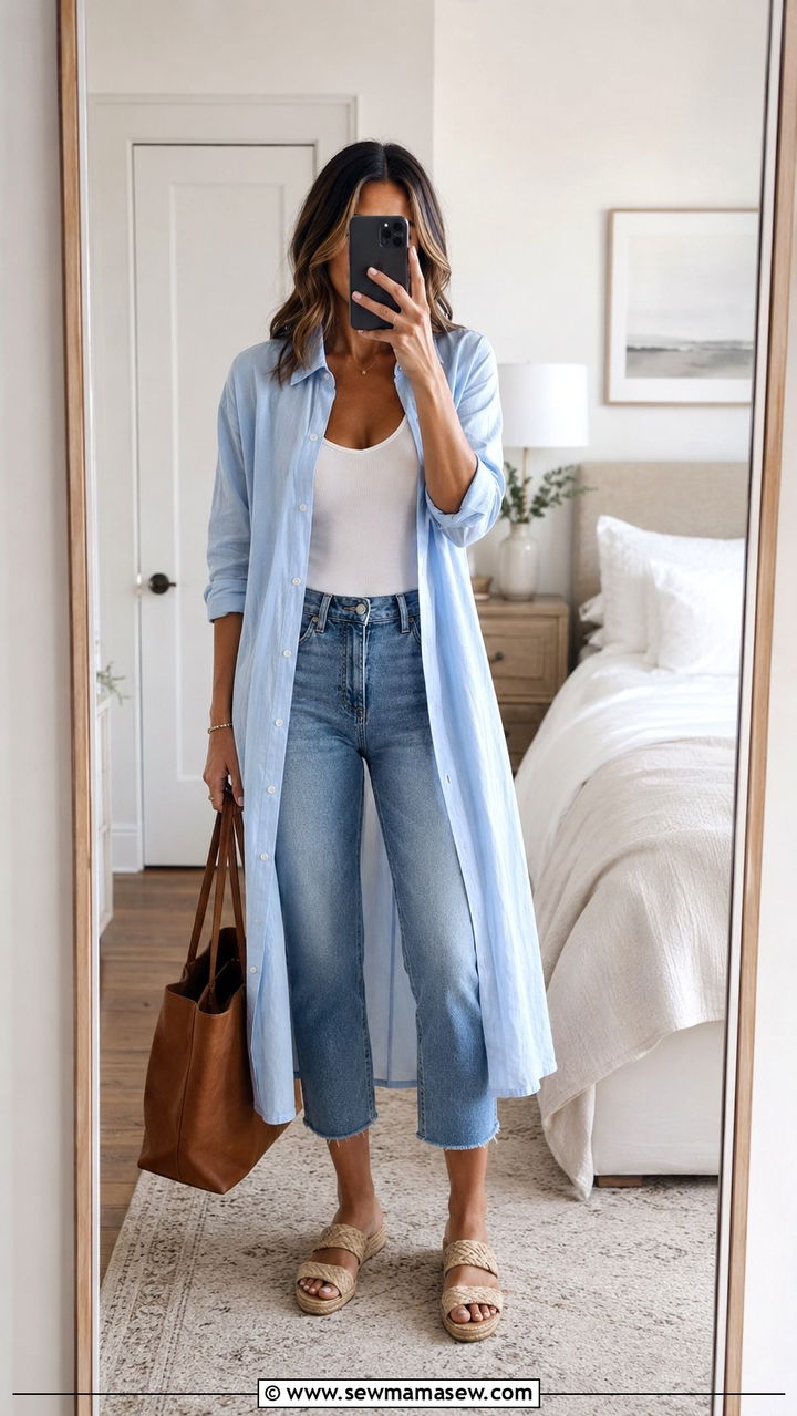 Shirt dress left open as a layer over a tank and cropped jeans - 30 Unpredictable weather outfit ideas