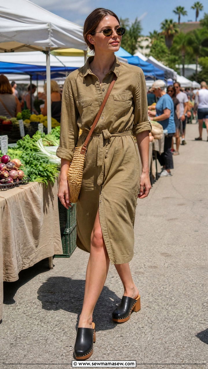 Shirt dress with block heel clogs - 30 summer outfits with block heels