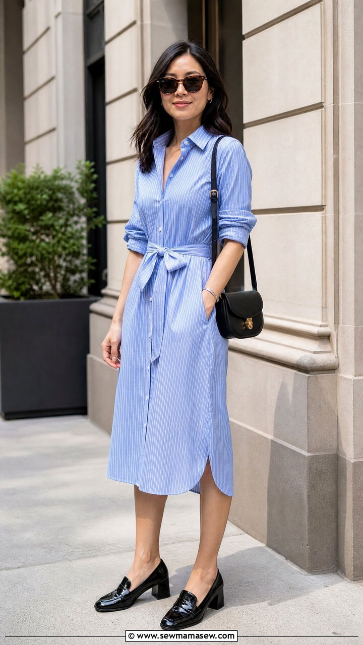 Shirt dress with block heel loafers - 30 summer outfits with block heels