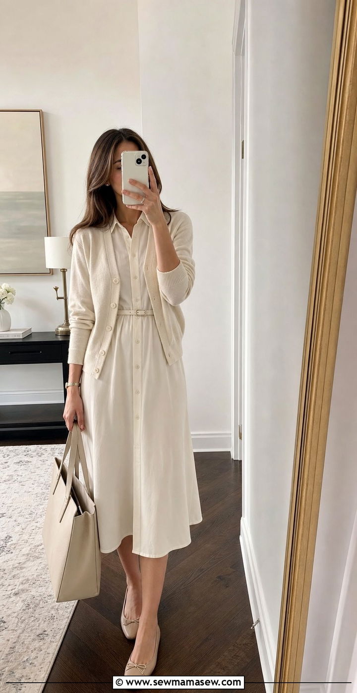 Shirt dress with buttoned cardigan as a top layer - 25 Shirt dress outfit ideas with a cardigan