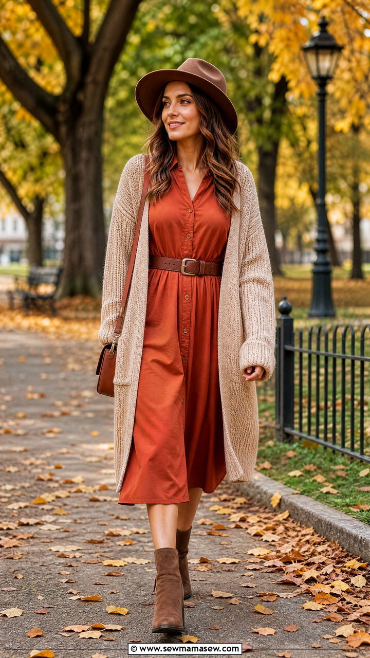Shirt dress with cardigan and belt for fall - 25 Shirt dress outfit ideas with a belt