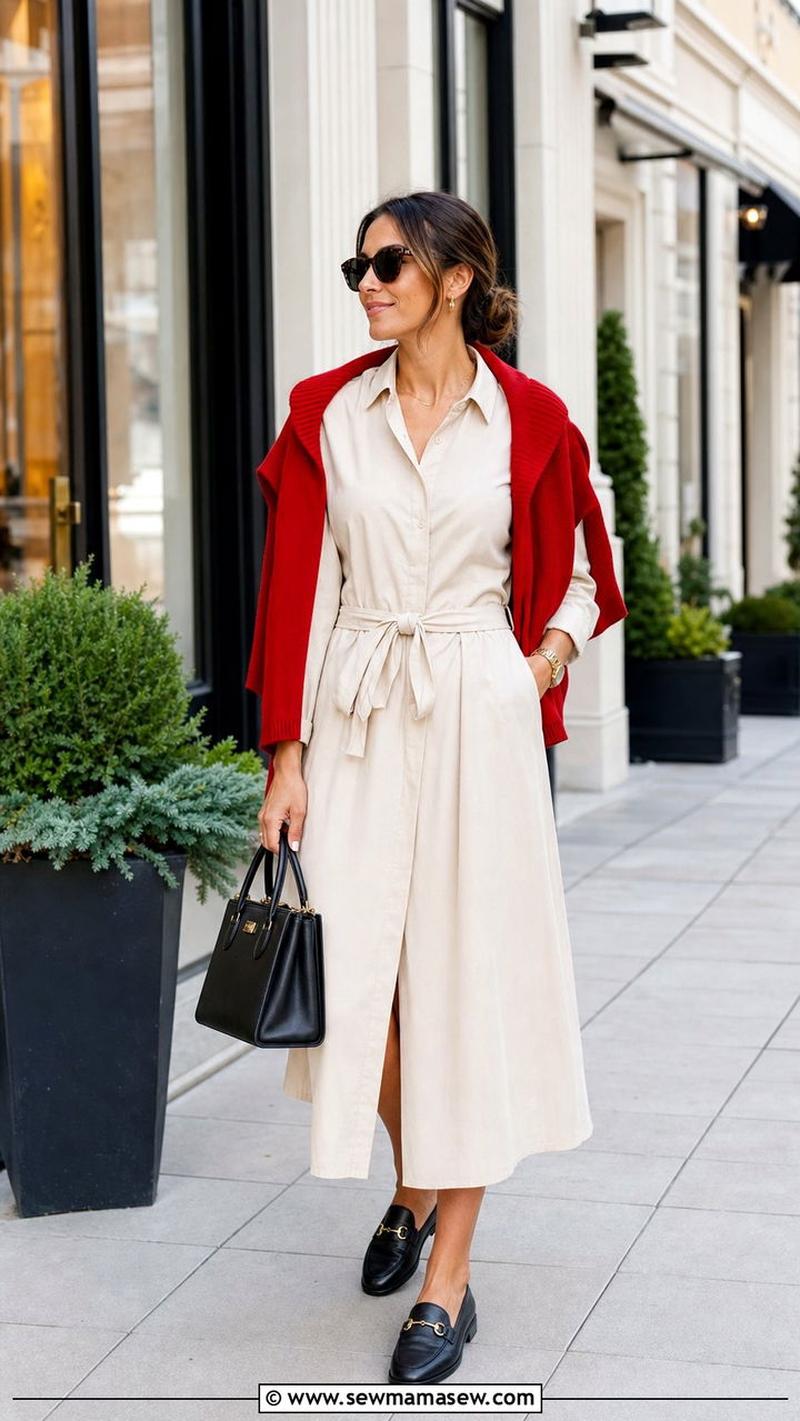 Shirt dress with cardigan over shoulders - 25 Shirt dress outfit ideas with a cardigan