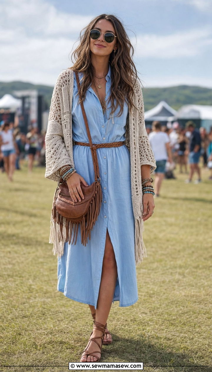 Shirt dress with crochet cardigan - 25 Shirt dress outfit ideas with a cardigan