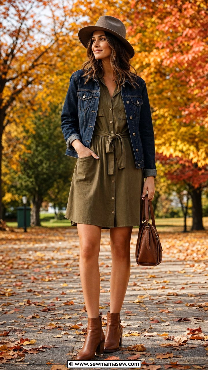 Shirt dress with denim jacket and ankle boots - 25 Shirt dress outfit ideas with a denim jacket