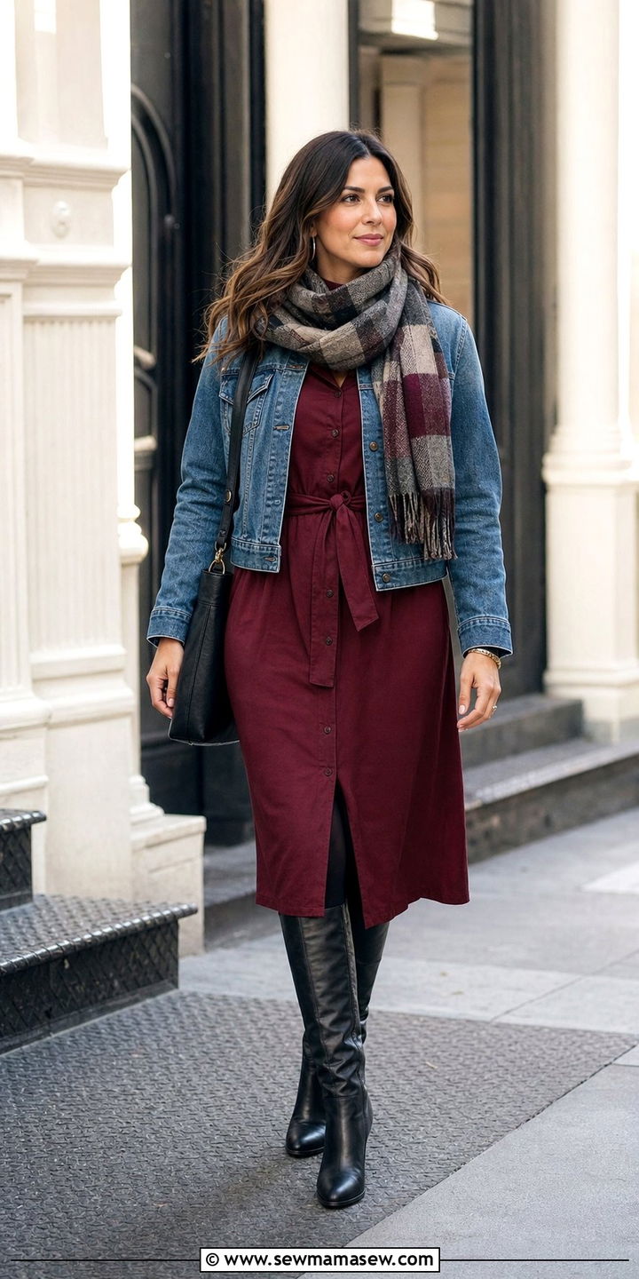 Shirt dress with denim jacket and knee high boots - 25 Shirt dress outfit ideas with a denim jacket