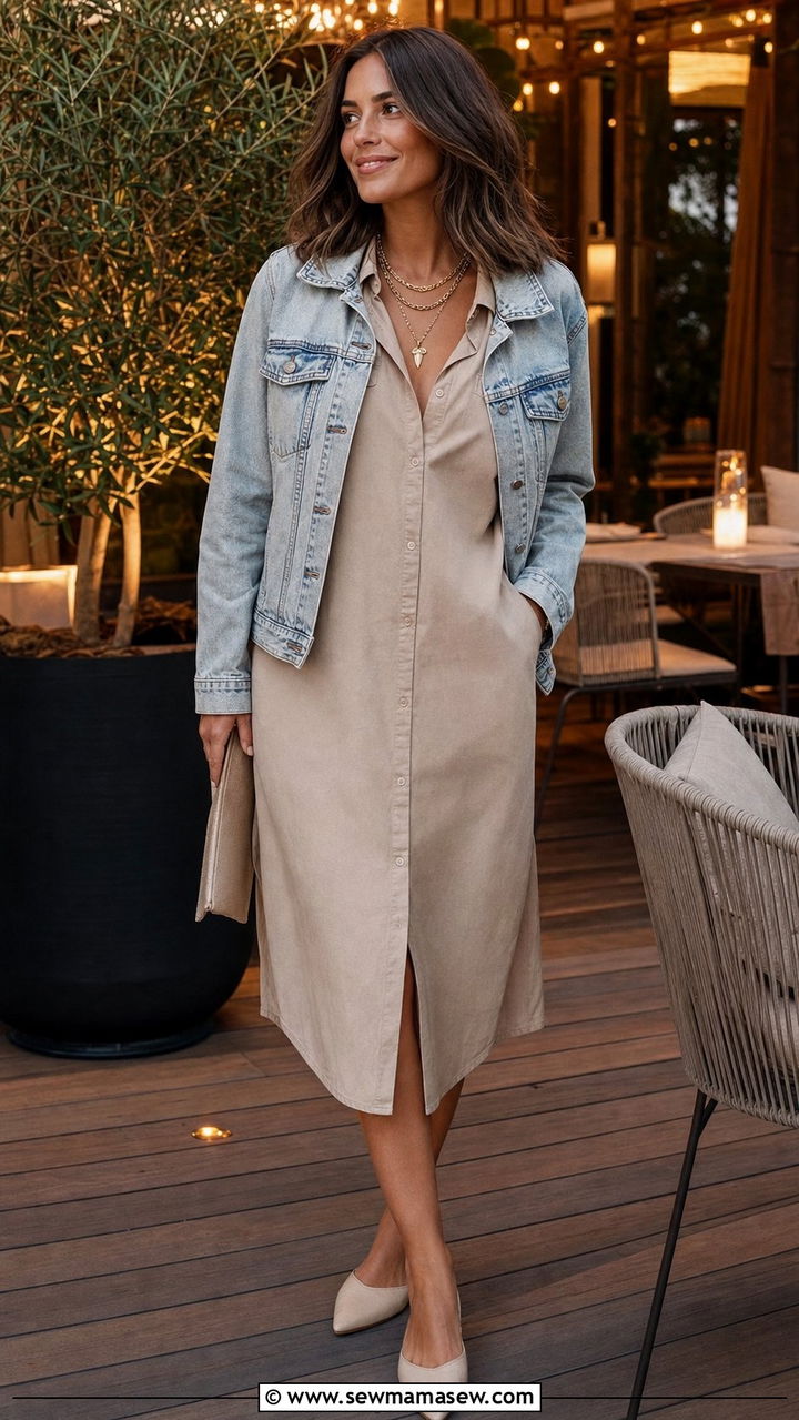 Shirt dress with denim jacket and layered necklaces - 25 Shirt dress outfit ideas with a denim jacket