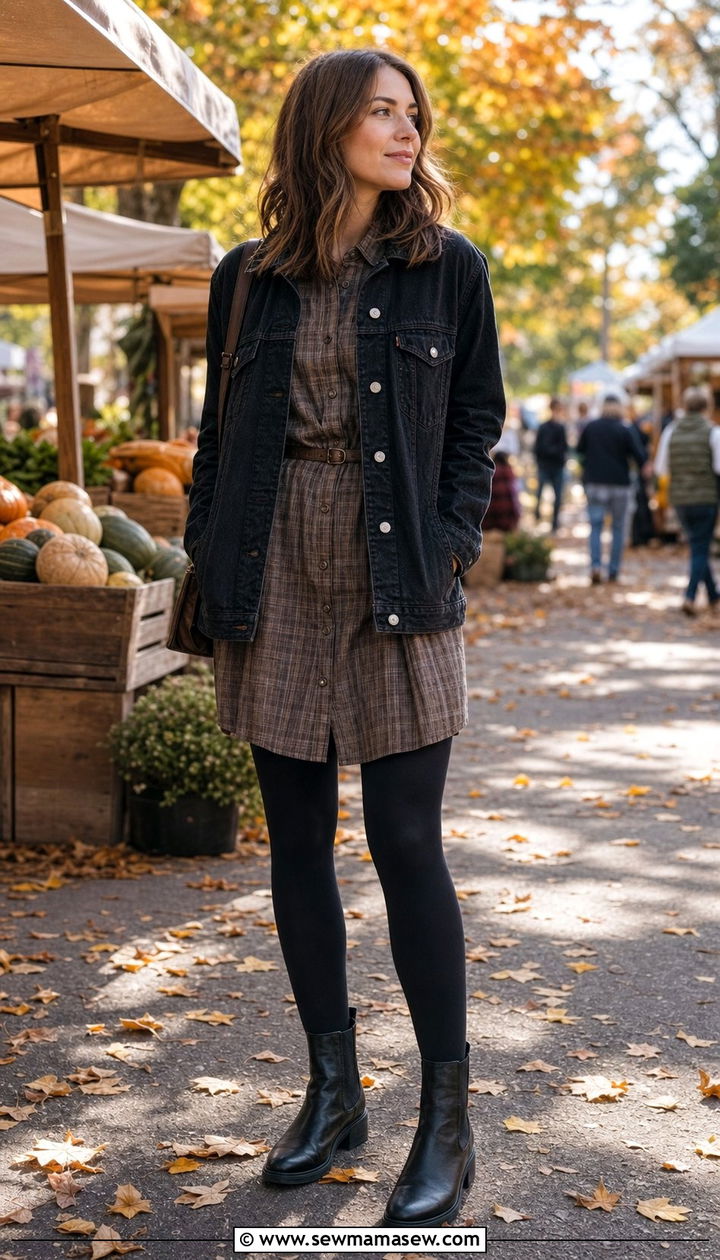 Shirt dress with denim jacket and tights - 25 Shirt dress outfit ideas with a denim jacket