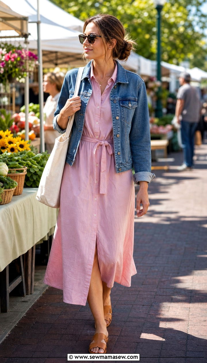 Shirt dress with denim jacket and tote bag - 25 Shirt dress outfit ideas with a denim jacket