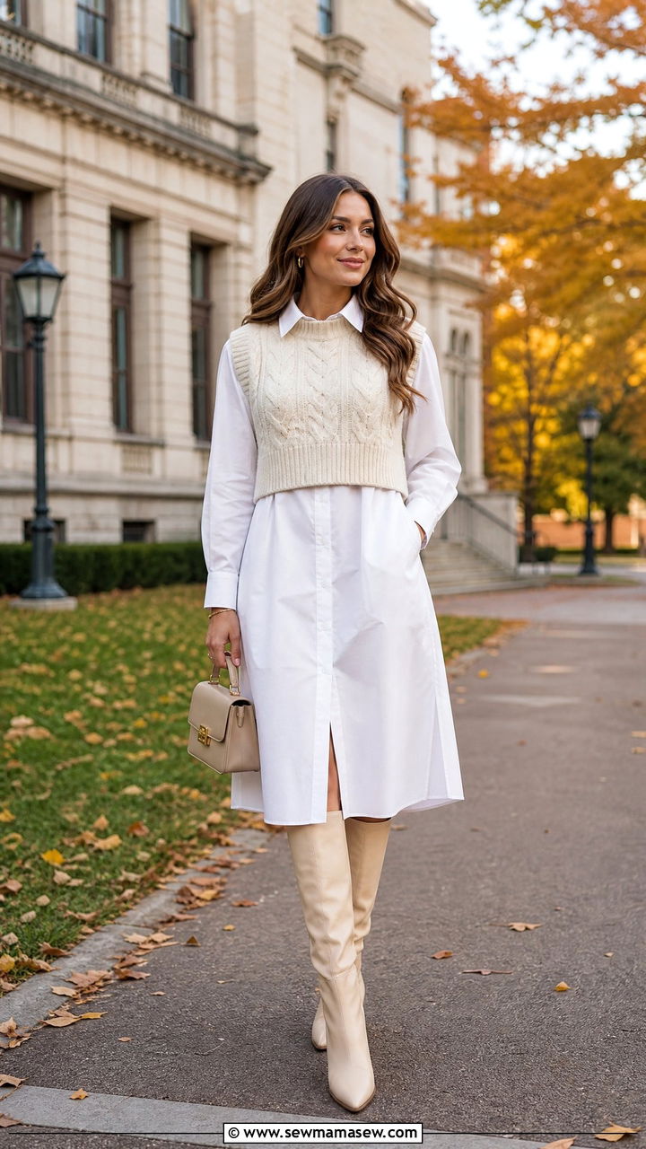 Shirt dress with knit vest outfit - 30 how to style shirt dress