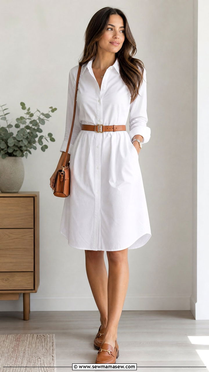 Shirt dress with leather belt and loafers - 30 Spring capsule wardrobe for work