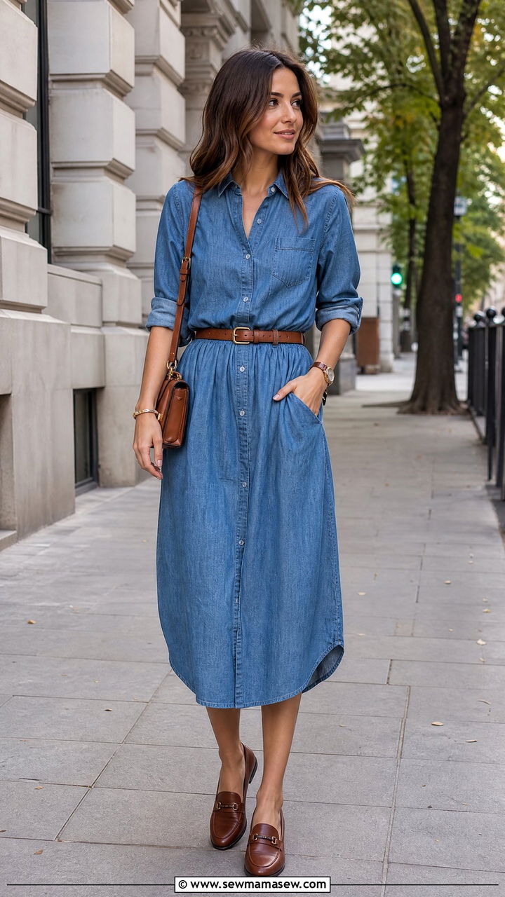 Shirt dress with loafers - 25 work outfits for postpartum women