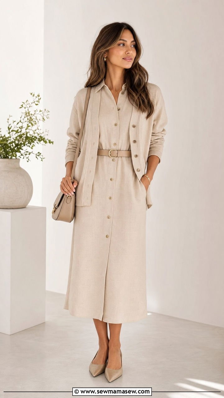 Shirt dress with matching cardigan set - 25 Shirt dress outfit ideas with a cardigan