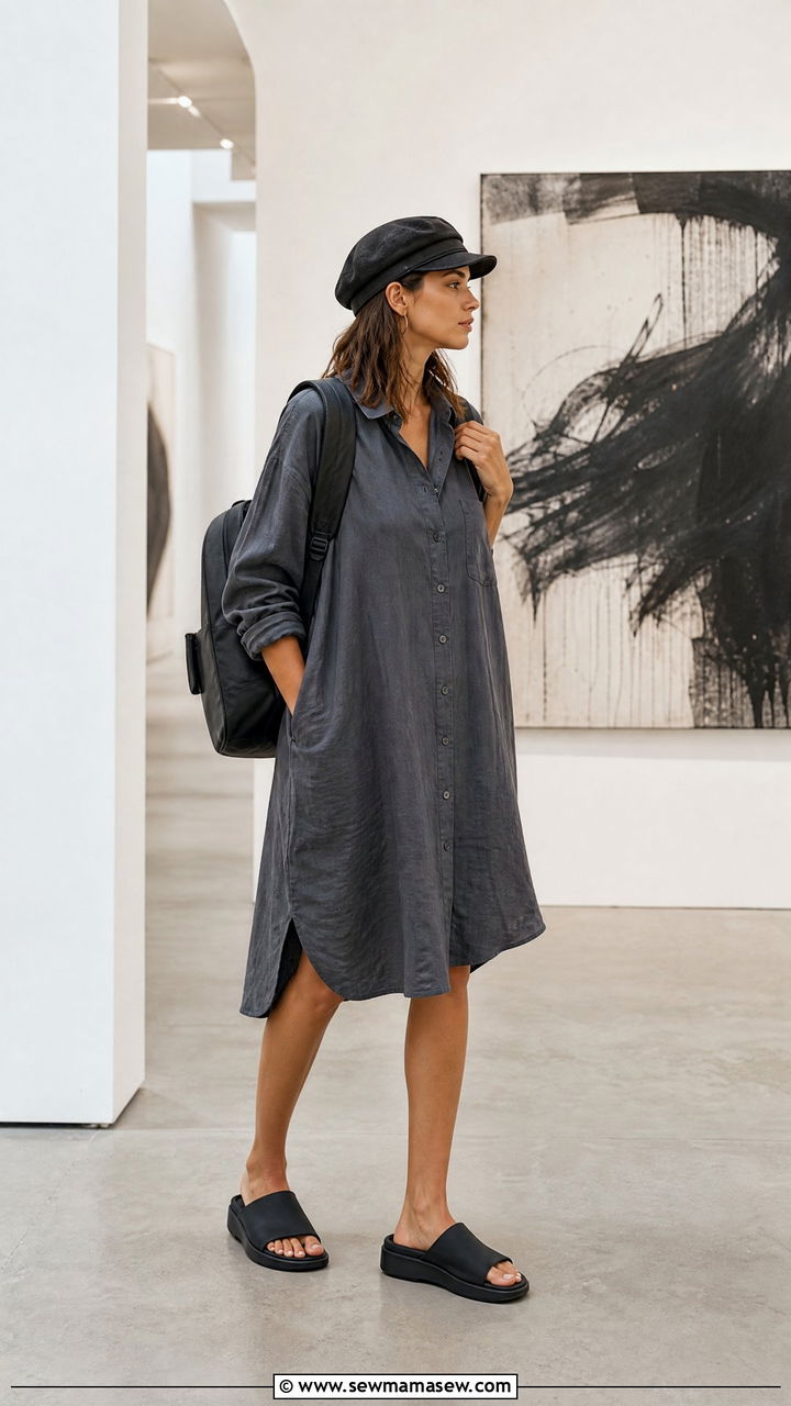 Shirt dress with sporty slides and cap outfit - 30 how to style shirt dress