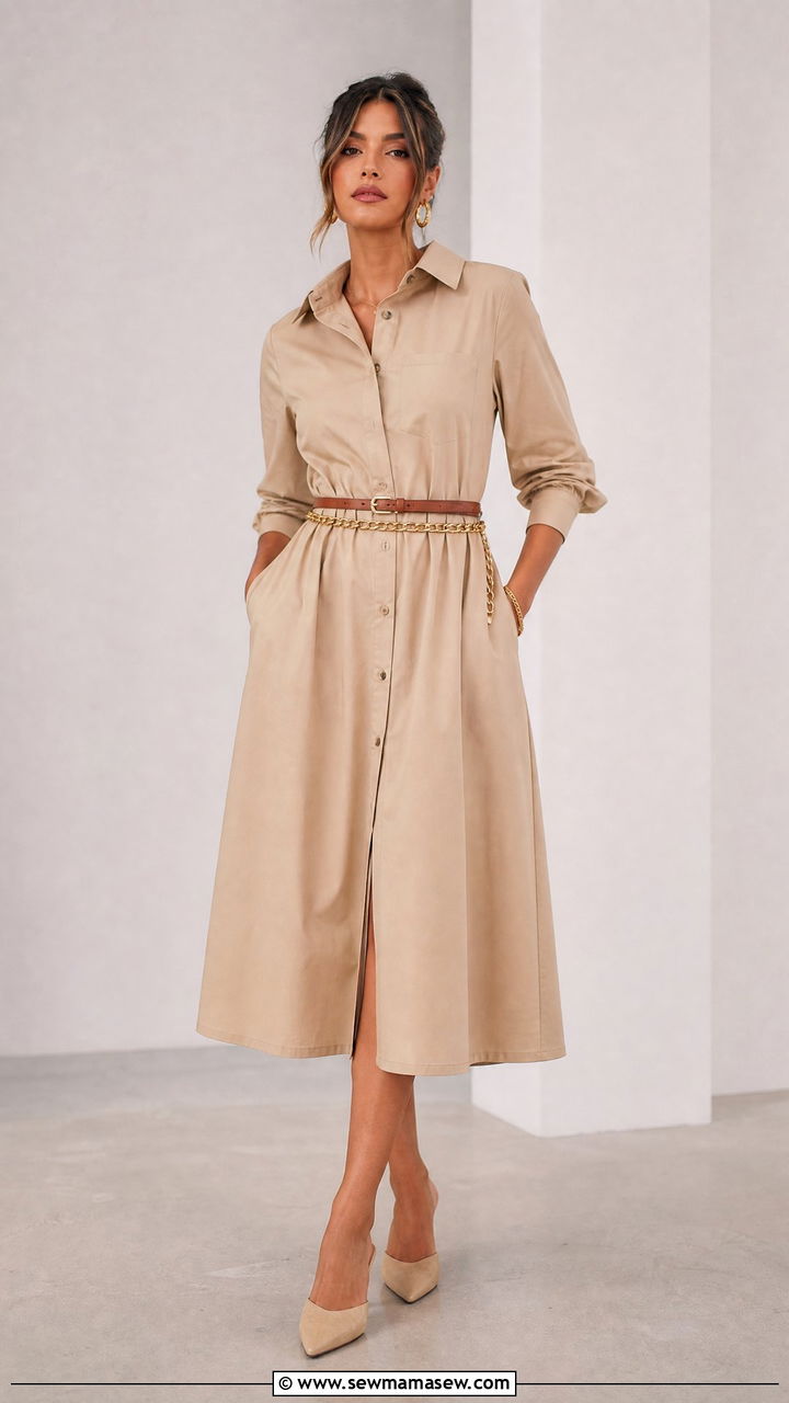 Shirt dress with two belts layered outfit - 25 Shirt dress outfit ideas with a belt