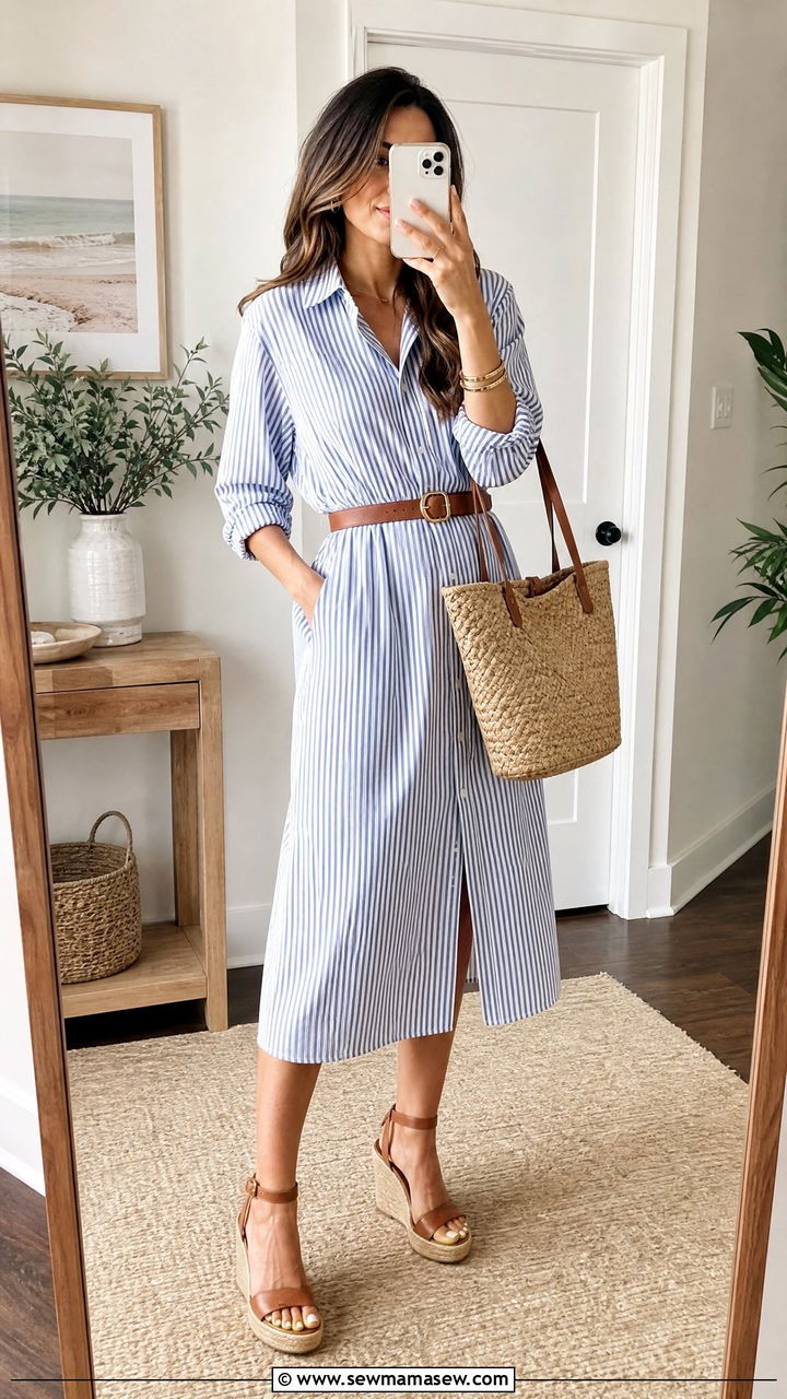 Shirt dress with wedge sandals summer outfit - 30 summer outfits with wedge sandals