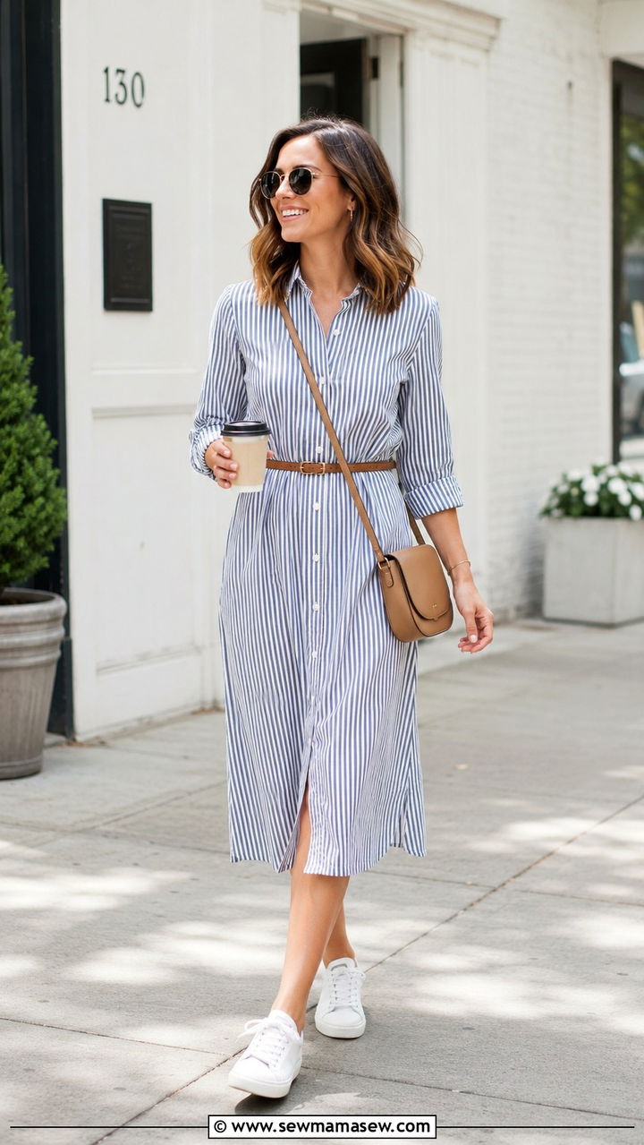 Shirt midi dress with belt and clean sneakers - 30 Spring outfits with midi dresses