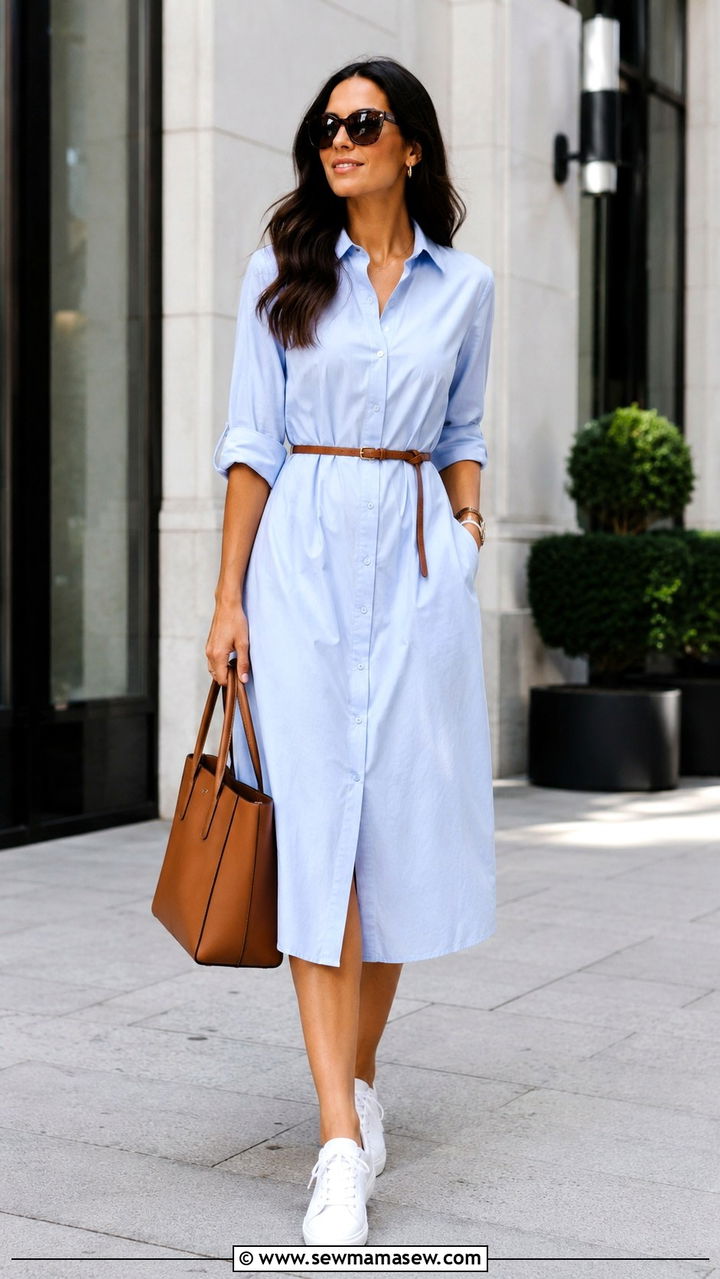 Shirt midi dress with white sneakers - 30 Midi dress with white sneakers outfit ideas